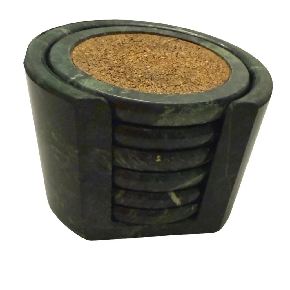 Vintage Dark Green Marble Coaster Set with Cork Inlays and Matching Holder 6pc